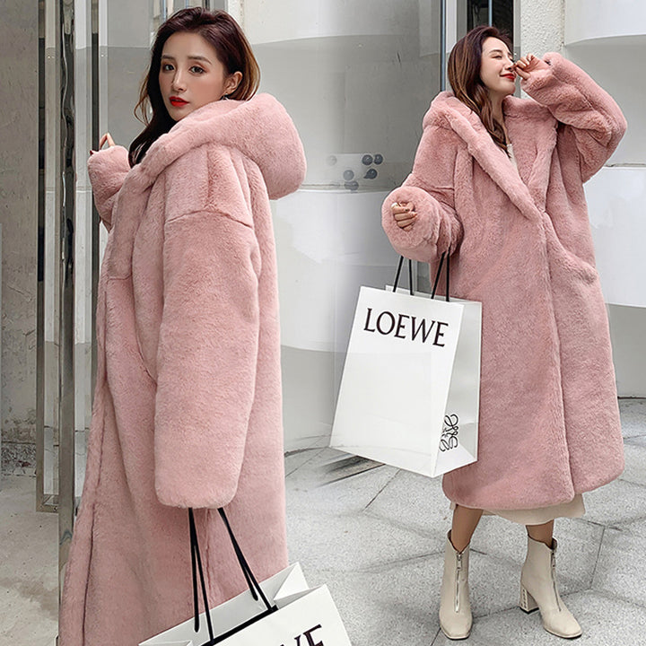 Long hooded loose plush coat