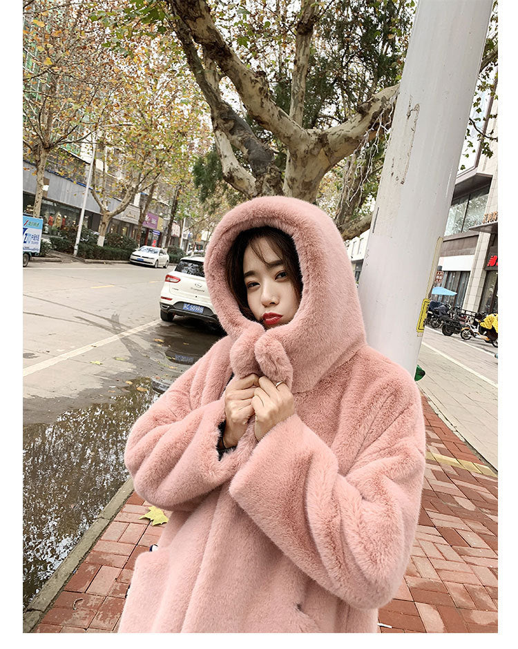 Long hooded loose plush coat