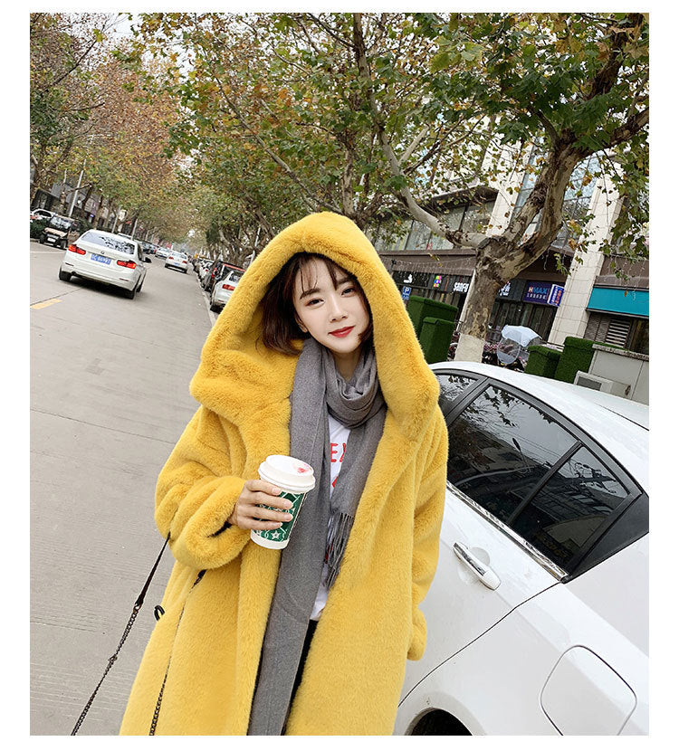 Long hooded loose plush coat
