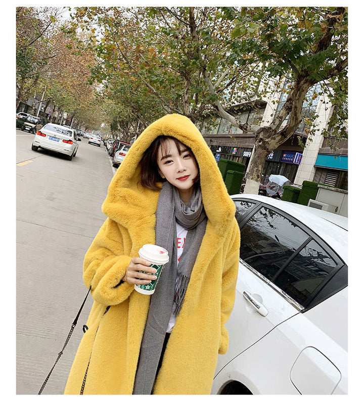 Long hooded loose plush coat