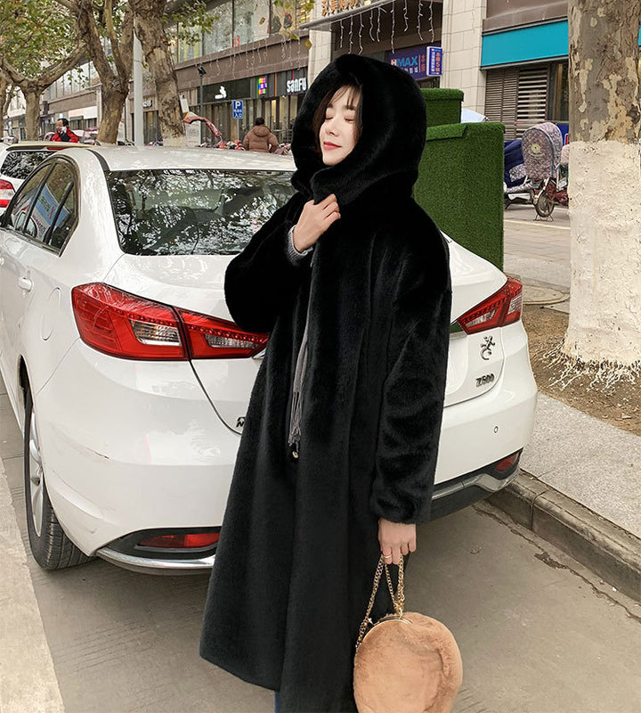 Long hooded loose plush coat