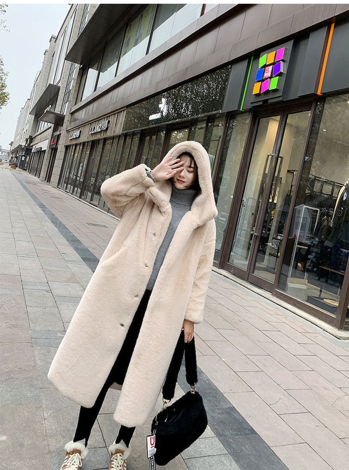 Long hooded loose plush coat