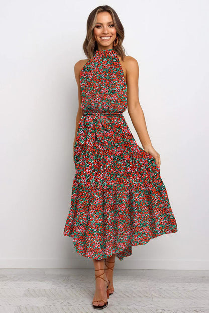 2025 Long skirt neck polka dot print lace-up dress
