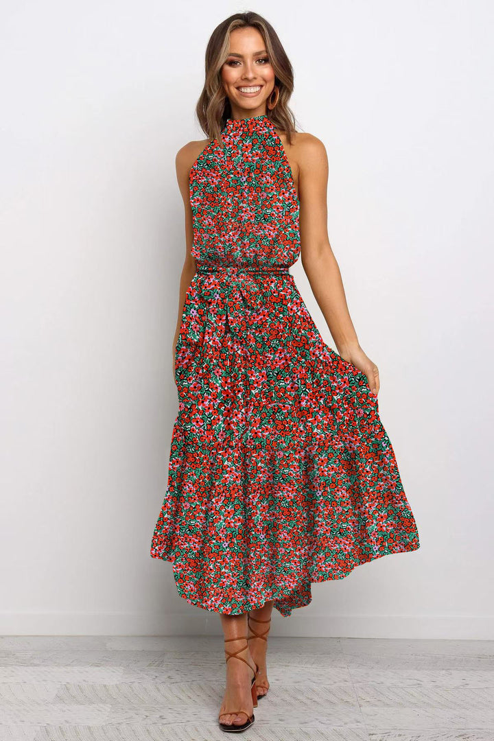 2025 Long skirt neck polka dot print lace-up dress