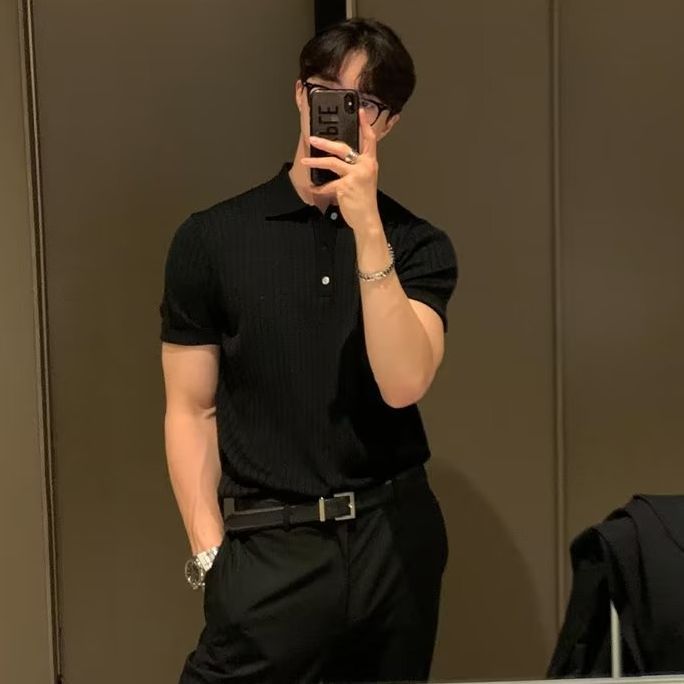 Men's lapel button slim knit sweater