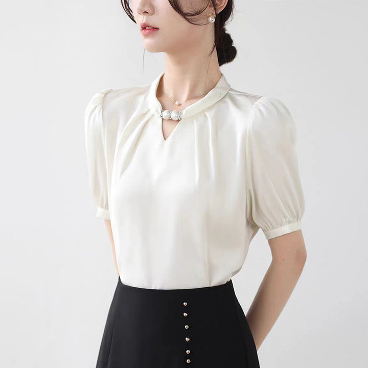 French niche halter neck stand collar beaded shirt