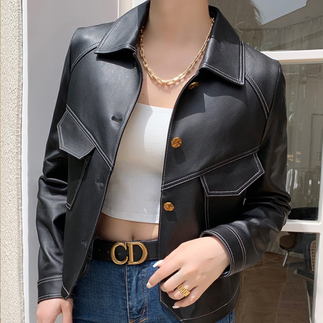 Short slim motorcycle women's leather jacket