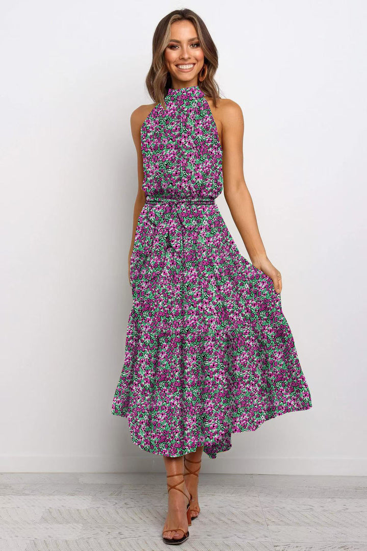 2025 Long skirt neck polka dot print lace-up dress