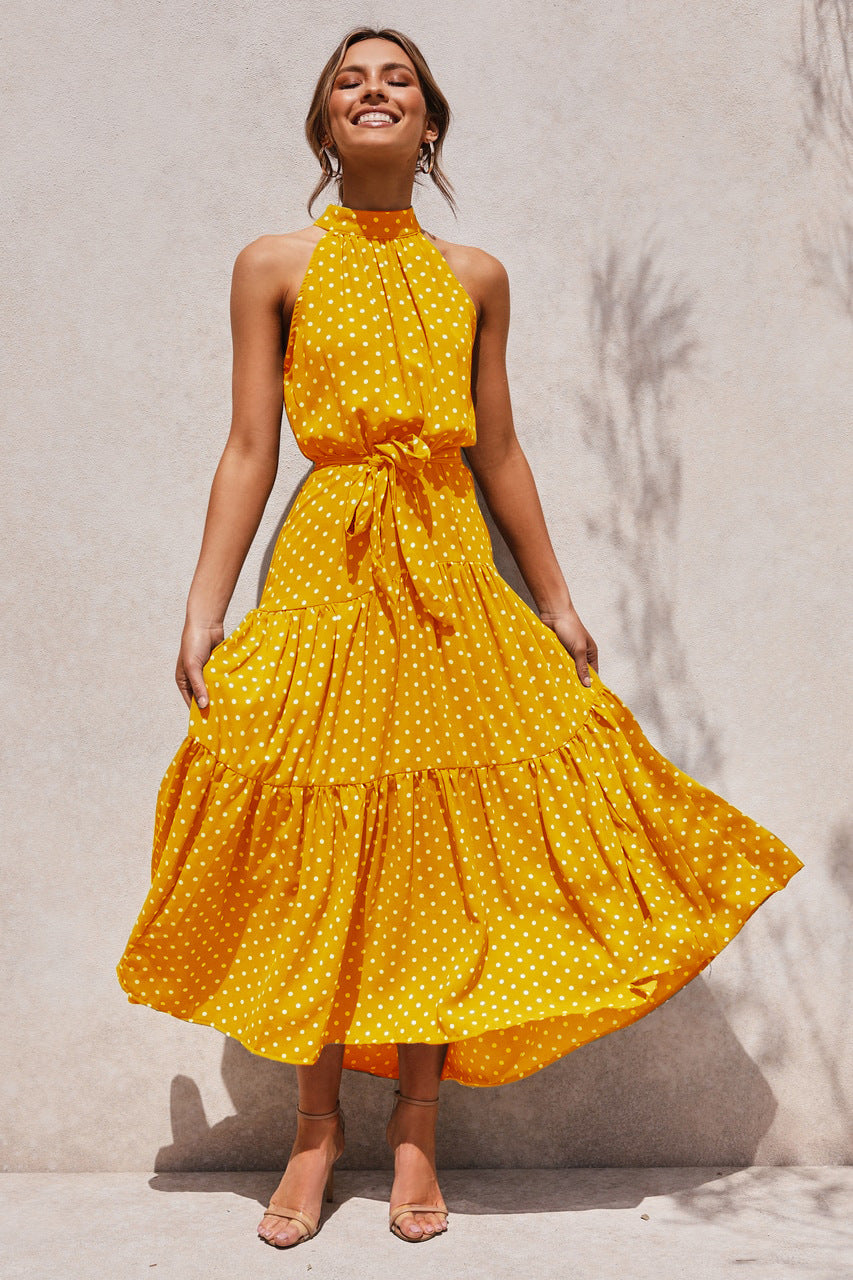2025 Long skirt neck polka dot print lace-up dress