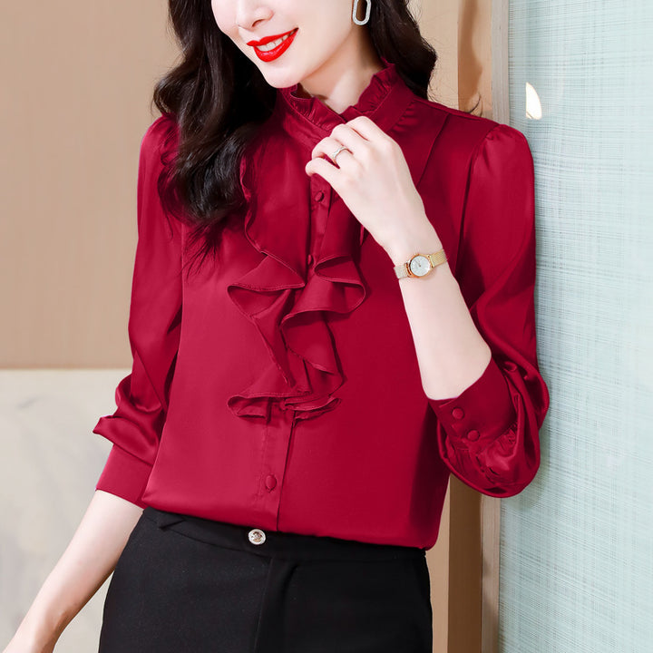 Solid color lace collar palace style mulberry silk shirt