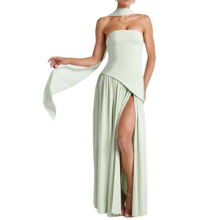 2025 tube top solid color slit dress