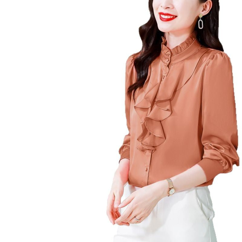 Solid color lace collar palace style mulberry silk shirt