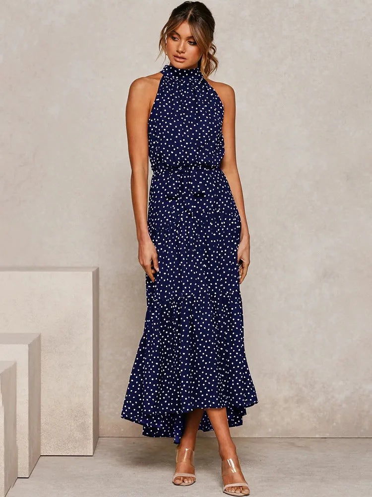 2025 Long skirt neck polka dot print lace-up dress