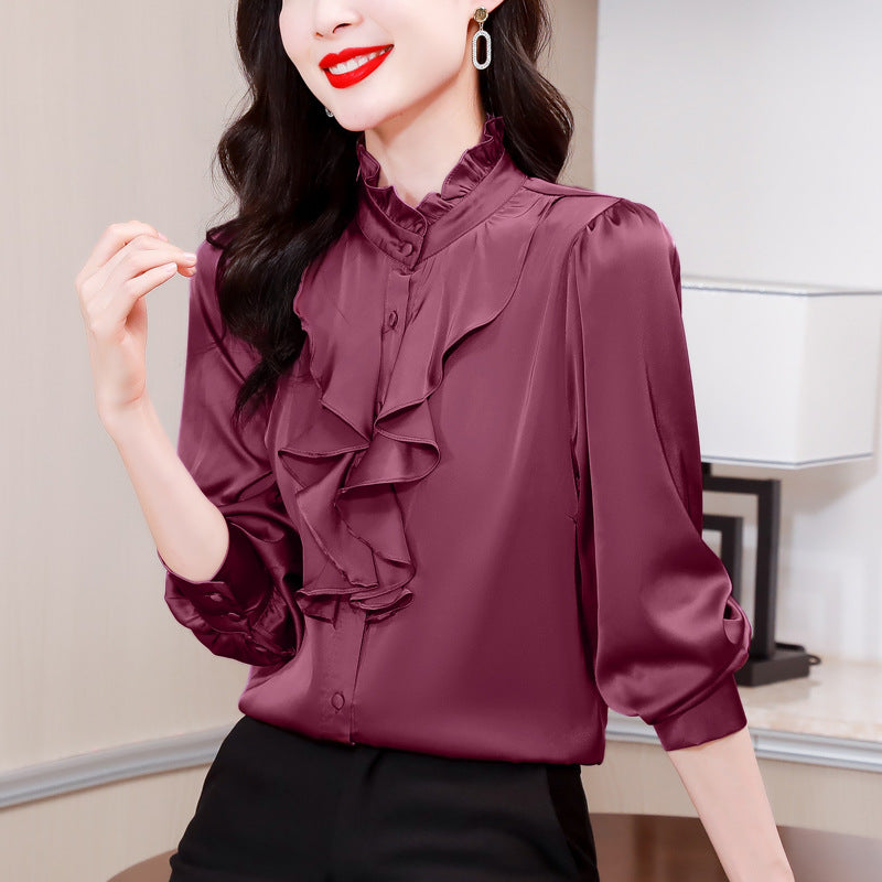 Solid color lace collar palace style mulberry silk shirt
