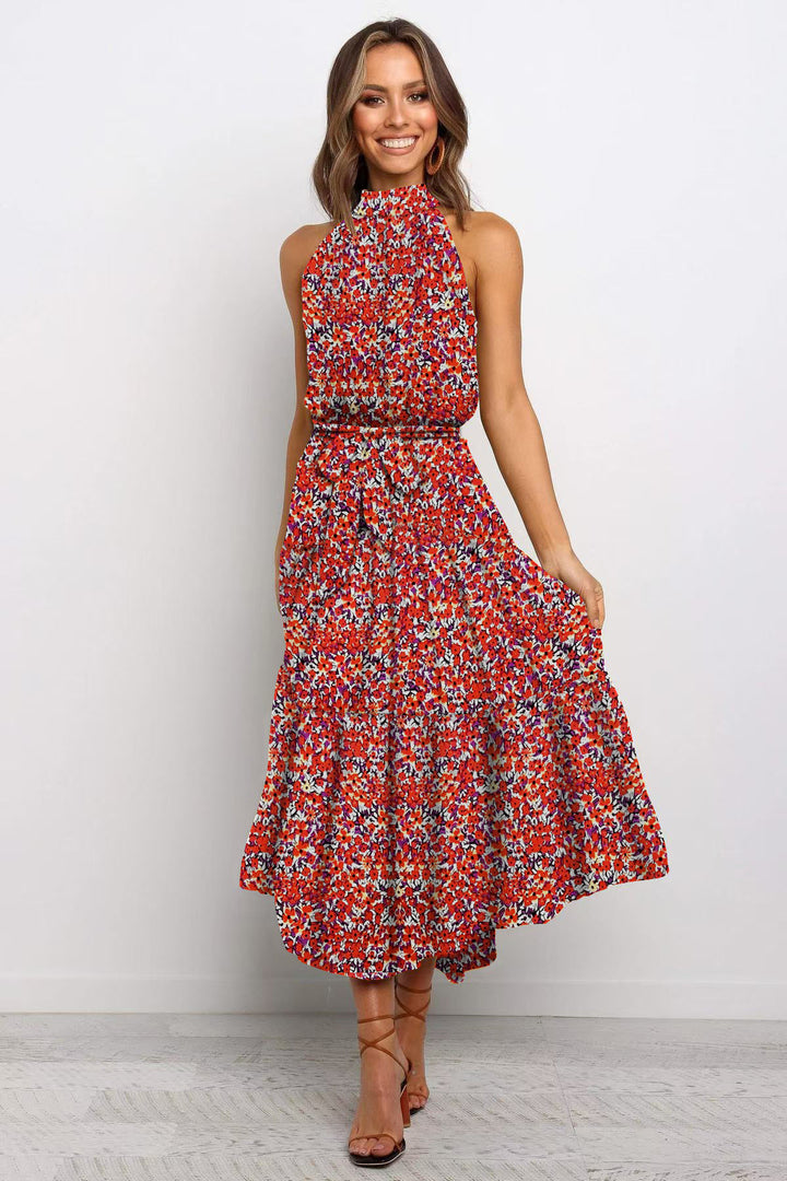 2025 Long skirt neck polka dot print lace-up dress