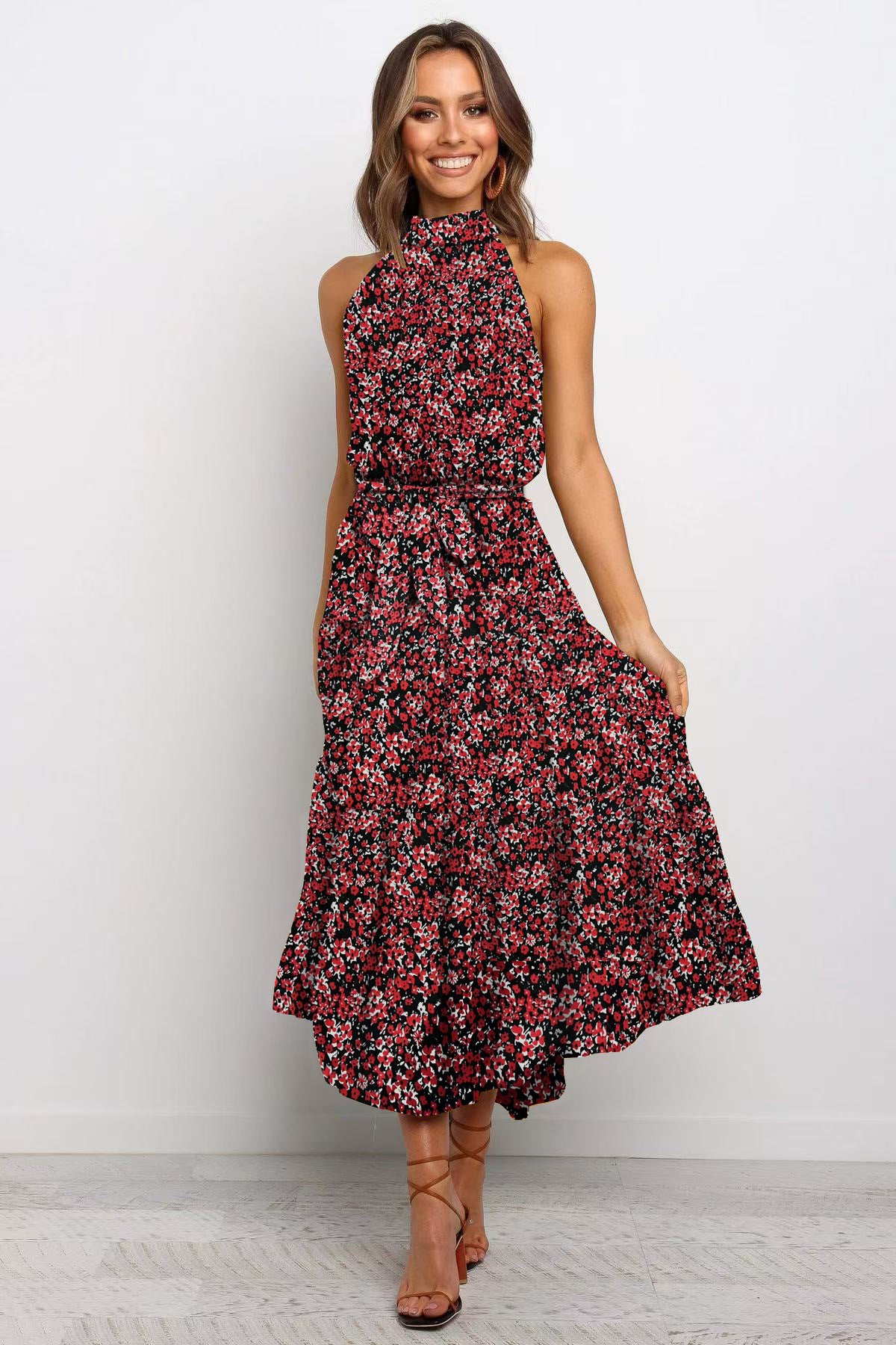 2025 Long skirt neck polka dot print lace-up dress