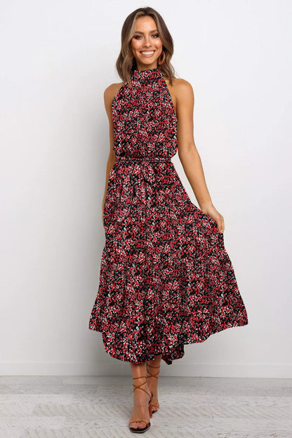 2025 Long skirt neck polka dot print lace-up dress