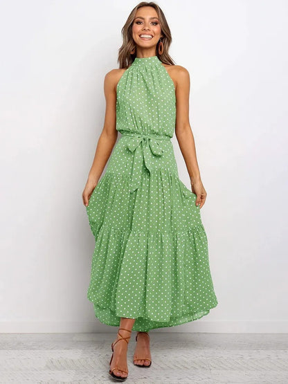 2025 Long skirt neck polka dot print lace-up dress