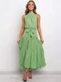 2025 Long skirt neck polka dot print lace-up dress