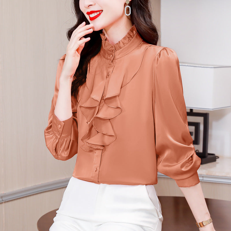 Solid color lace collar palace style mulberry silk shirt