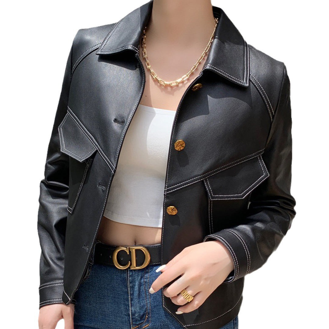 Short slim motorcycle women's leather jacket
