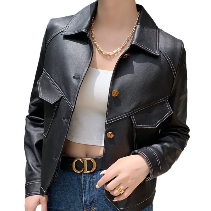 Short slim motorcycle women's leather jacket