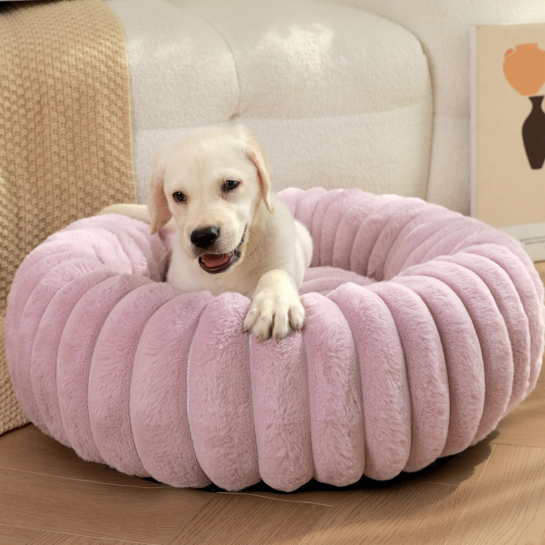 High Weight Straight Striped Plush Pet Long Hair Round Bed