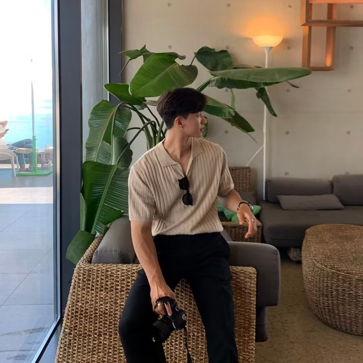 Men's lapel button slim knit sweater