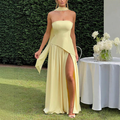 2025 tube top solid color slit dress