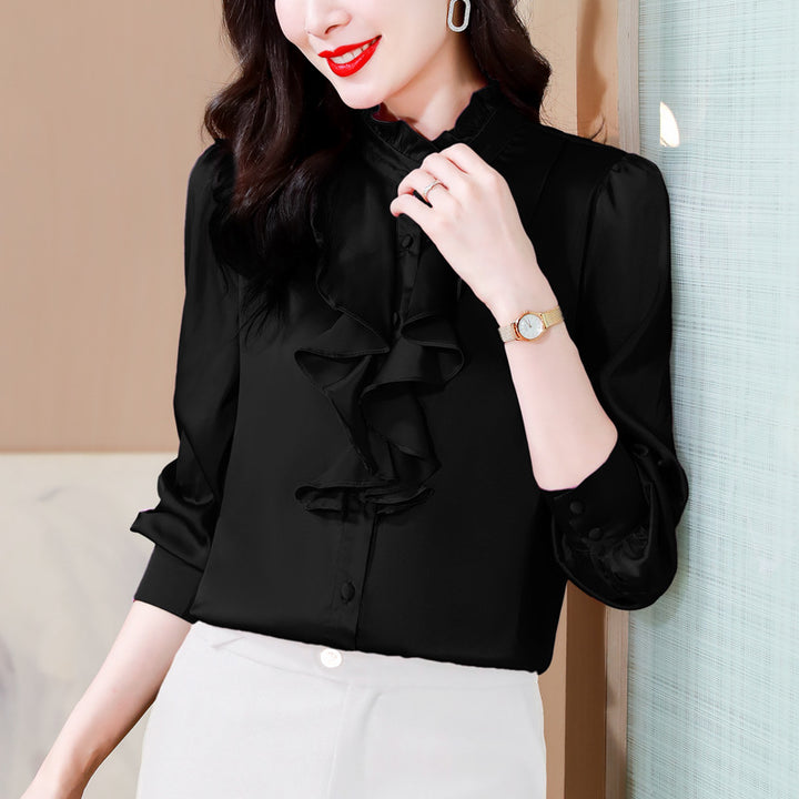 Solid color lace collar palace style mulberry silk shirt