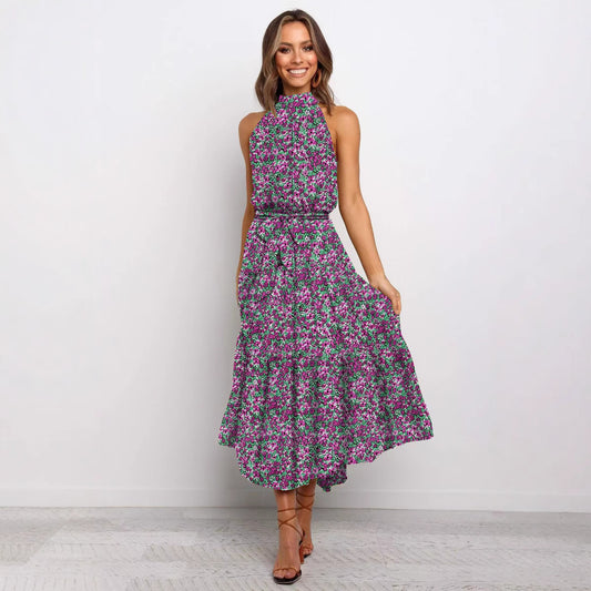 2025 Long skirt neck polka dot print lace-up dress