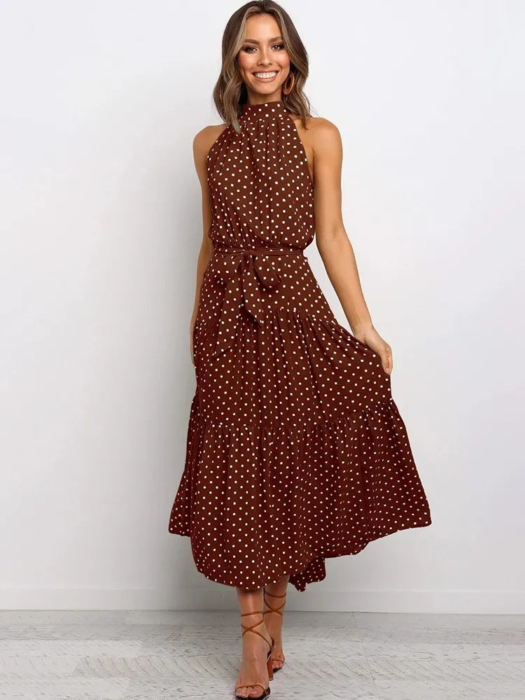 2025 Long skirt neck polka dot print lace-up dress