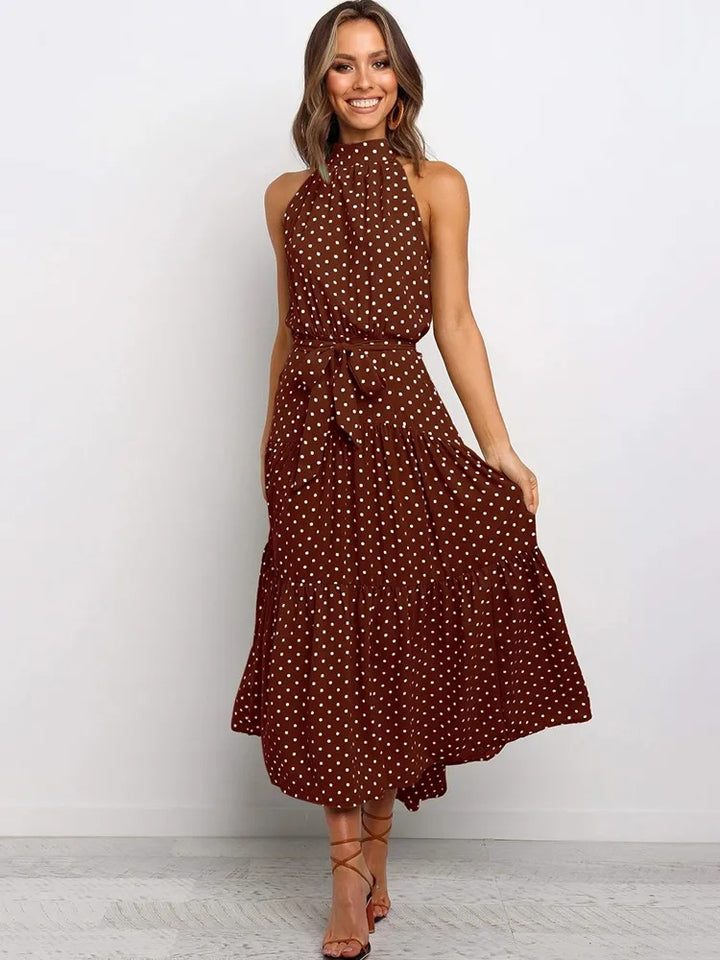 2025 Long skirt neck polka dot print lace-up dress