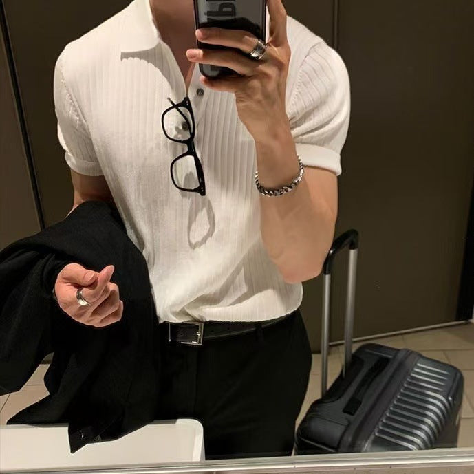 Men's lapel button slim knit sweater