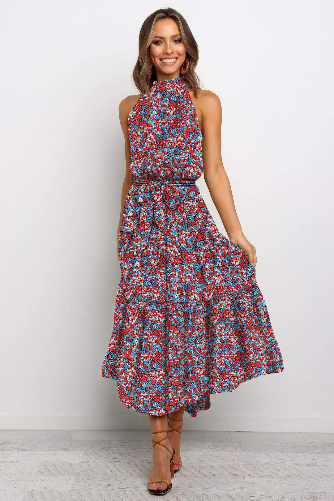 2025 Long skirt neck polka dot print lace-up dress