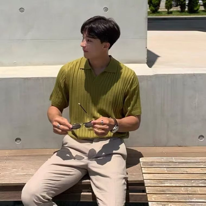 Men's lapel button slim knit sweater