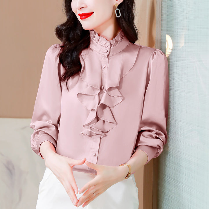 Solid color lace collar palace style mulberry silk shirt