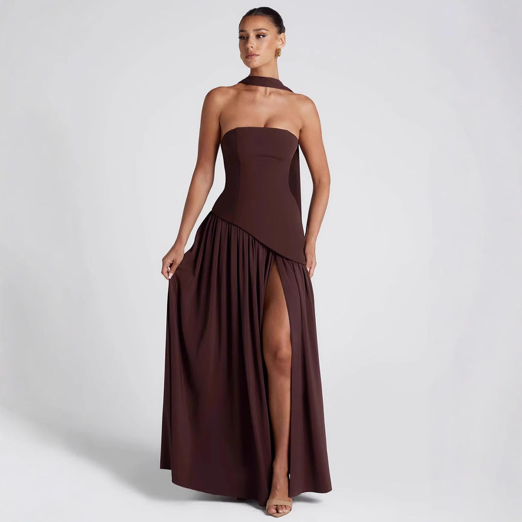 2025 tube top solid color slit dress