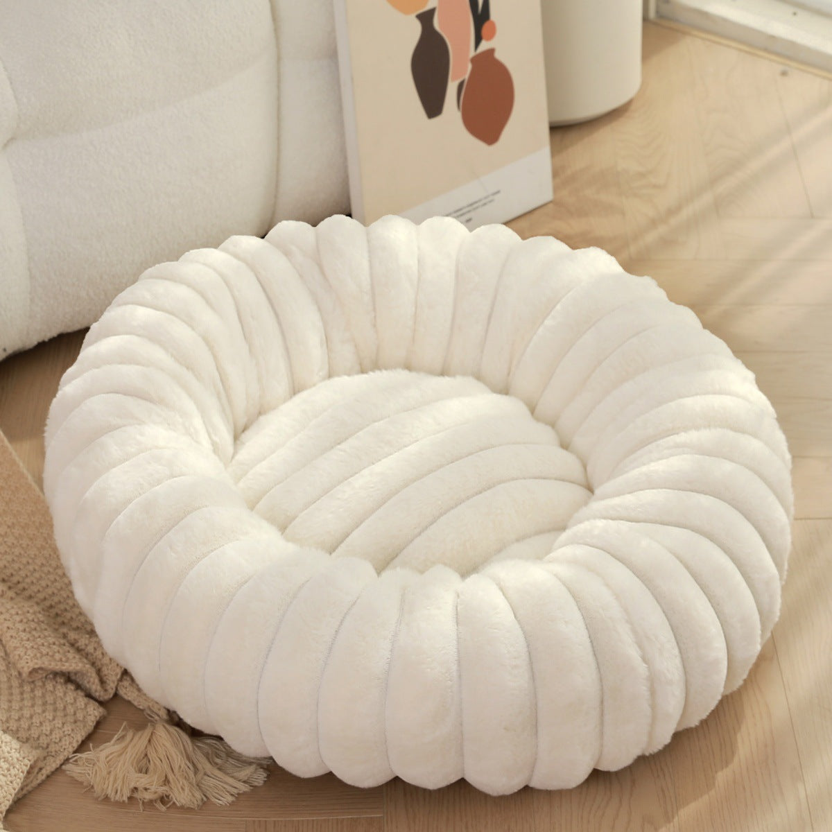 High Weight Straight Striped Plush Pet Long Hair Round Bed