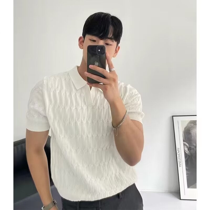Men's lapel button slim knit sweater