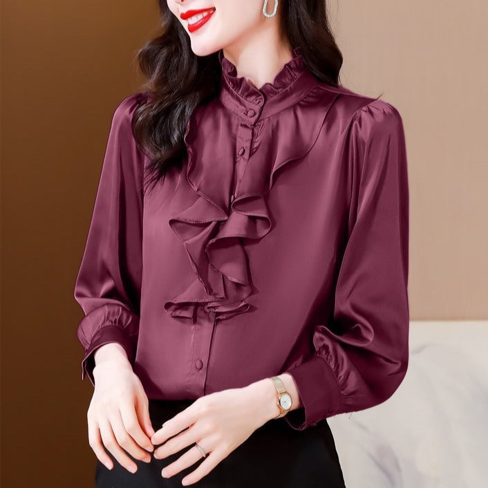Solid color lace collar palace style mulberry silk shirt