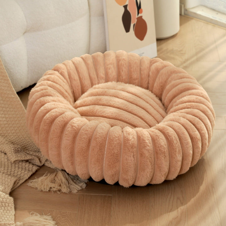 High Weight Straight Striped Plush Pet Long Hair Round Bed