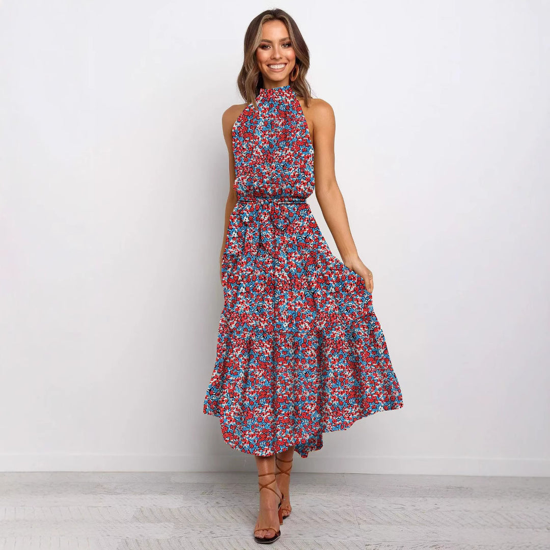 2025 Long skirt neck polka dot print lace-up dress