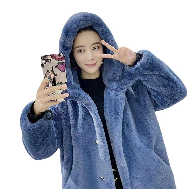 Long hooded loose plush coat