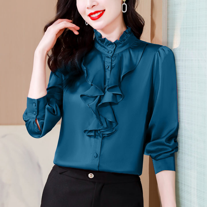 Solid color lace collar palace style mulberry silk shirt