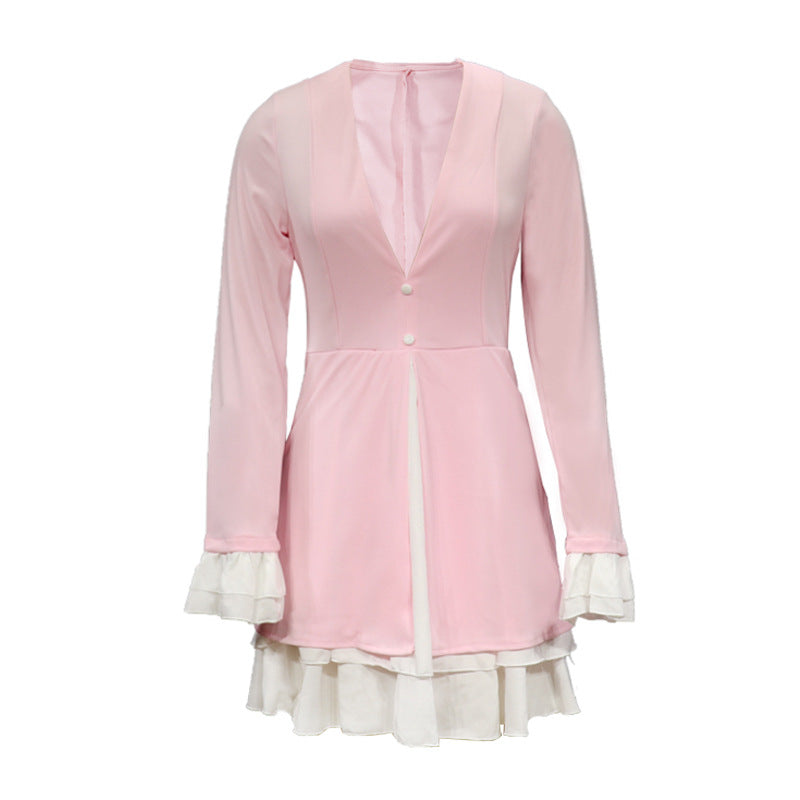 2025 V-neck ruffle stitching fake two-piece dress