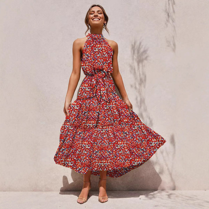 2025 Long skirt neck polka dot print lace-up dress