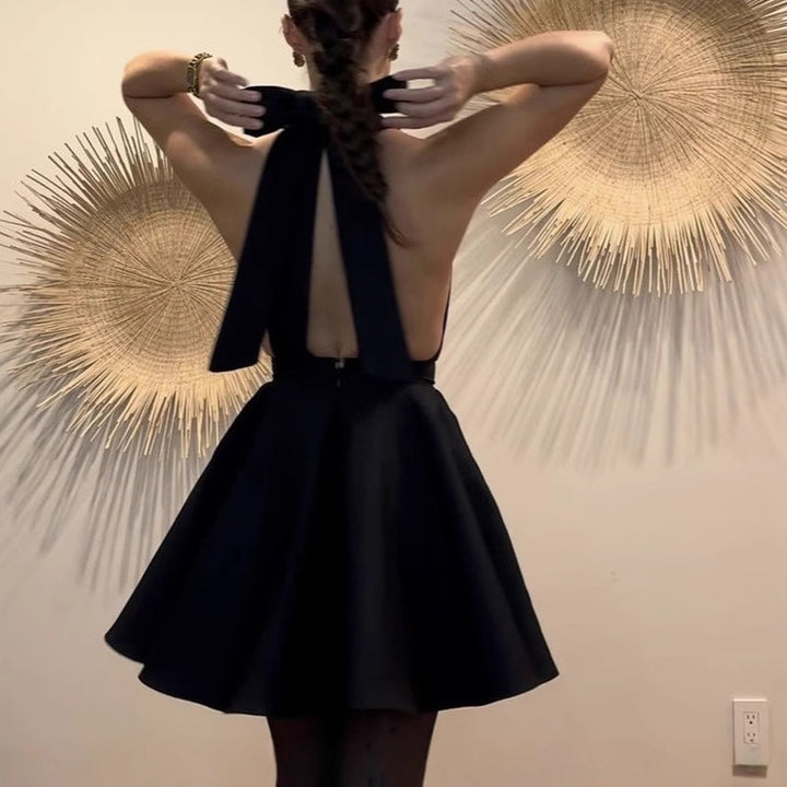 2025 Halter neck strap bow backless sexy waist mini dress