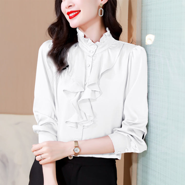 Solid color lace collar palace style mulberry silk shirt