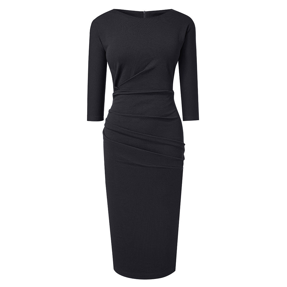 Mid-waist round neck wrap hip dress